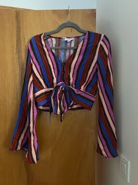 Topshop Multi-Stripe Tie-Front Crop Blouse - Pink, Blue, Red